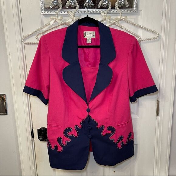 Vintage Pink and Navy Women's Short Sleeve Suit Jacket Blazer !itjeans - Picture 1 of 10